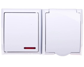 FALA Łącznik hermetyczny pojedynczy z podświetleniem LED + gniazdo hermetyczne pojedyncze z/u z klapką białe ZH-Ł1SG/00/w