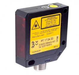 Czujnik laserowy odbiciowy 50x50x15mm Sn: 25-300 10-30V DC PNP NC/NO złącze M12 4-pinowe IP67 PT170420
