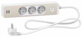 Odace Przedłużacz 3 gniazdowy z łącznikiem 2x USB, 1,5m biały+drewno Nordic ST933U1WC