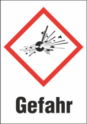 Hazardous goods sign, symbol: GHS01/text: &quot;Gefahr&quot;, (W) 26 mm, plastic, 013.22-9-37X26-W1 / 36 ST