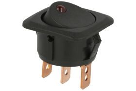 Przełącznik; klawiszowy (kołyskowy); R13203L01BBRL1; ON-OFF; 1 tor; czarny; podświetlenie LED 12V; czerwony; bistabilny; konekto