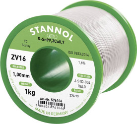 Cyna lutownicza bezołowiowa Stannol ZV16 bezołowiowa Sn99,3Cu0,7 REL0 1000 g 1 mm