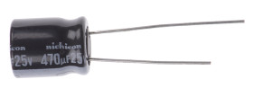 Kondensator 470μF 25V dc Radialny, Otwór przelotowy Nichicon roztaw: 5mm 10 (Dia.) x 12.5mm