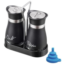 Solniczka pieprzniczka zestaw czarny szklany z podstawką stal nierdzewna