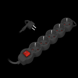 Przedłużacz 5-krotny 2P+Z (Schuko). z wyłącznikiem. 3m H05VV-F 3x1.0mm2. Imax 10A. płaska wtyczka. czarny ORAE13150(GS)/B/3M