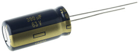 Kondensator 390μF 63V dc Radialny, Otwór przelotowy Panasonic roztaw: 5mm 12.5 (Dia.) x 25mm