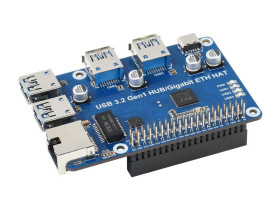 Waveshare USB 3.2 Gen1 And Gigabit Ethernet HUB HAT for Raspberry Pi, 3x USB, 1x Gigabit ETH, Driver-Free
