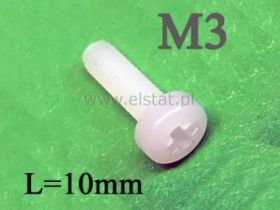 Śruba M3x10mm (+) plastikowa biała