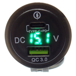 Ładowarka USB 12-24V + USB-C PD TYPE-C QC 3.0 LED GREEN +Woltomierz