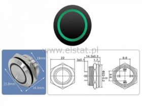 Przycisk chwil.19mm płaski stal LED ziel. niski-cz