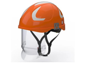 Hubix pomarańczowy hełm elektroizolacyjny z osłoną twarzy (ruchomą) W1 klasy 1 Box‑test, do 20 kV AC / 1,5 kV DC SECRA H058S