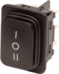 Rocker switch, black, 2 pole, On-Off-On, changeover switch, 12 (4) A 250 VAC 1E4, IP65, unlit, printed, 1939.3119