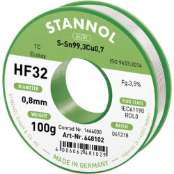 Stannol 648104 HF32 Lead-Free Solder Sn99.3Cu0.7 100g 0.8mm Reel