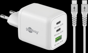 77738 USB charger, 65 W, 2x USB-C (PD), 1x USB-A, cable, white