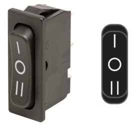 Rocker switch, black, 1 pole, On-Off-On, changeover switch, 6 (4) A/250 VAC, IP40, unlit, printed, 1838.1509
