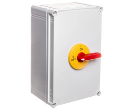 Rozłącznik izolacyjny 3P 125A w obudowie z poliwęglanu z czołem zamykanym żółto-czerwonym RSI-3125OBPZC