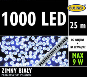 Lampki choinkowe zewnętrzne 1000 LED lampki z zasilaczem biały 25m dł. + 3m przyłącza 230V/31V 9W IP44 13-984