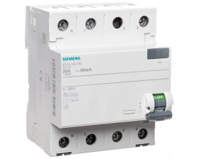 Wyłącznik różnicowoprądowy 4P 25A 0,03A typ AC biegun N z lewej 30mA 400V SENTRON 5SV4342-0KL