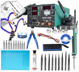 Zestaw stacja lutownicza 853D 1A 15V + grot cyna topnik odsysacz pincety uchwyt cążki mata plecionka