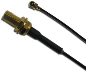 Coaxial cable, MCX socket (straight) to AMC plug (angled), 50 Ω, 1.13 mm micro cable, grommet black, 300 mm, 336503-12-0300