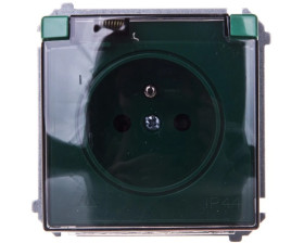 Simon Basic Gniazdo bryzgoszczelne z/u IP44 z przesłoną torów i klapką dymną zielone BMGZ1Bz.01/33a