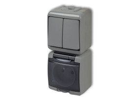 JUNIOR IP54 Wyłącznik podwójny świecznikowy z gniazdem pojedynczym z uziemieniem (klapka dymna: bez przesłon) popielaty0WGHP-2d