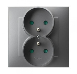 SZAFIR Gniazdo podwójne z uziemieniem z przesłonami torów prądowych, kompletne z ramką szary mat GP-2ZZP/70