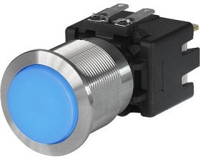 Vandal-proof pushbutton switch, 1 pole, clear, illuminated  (blue), 16 A/250 VAC, mounting Ø 22 mm, IP65, 3-101-029