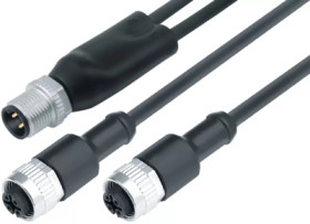 Sensor actuator cable, M12-cable plug, straight to 2 x M12 cable socket, straight, 4 pole/2 x 3 pole, 1 m, PUR, black, 4 A, 77 9