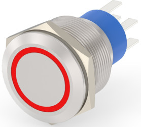 Vandal-proof pushbutton switch, 2 pole, silver, illuminated  (red), 5 A/250 V, mounting Ø 22.2 mm, IP67, 6-2213772-7