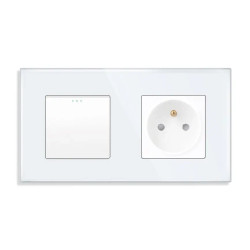 Włącznik światła + gniazdo elektryczne z ramką szklaną podwójną - biały - Tawoia Glass