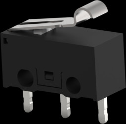 Miniature snap-action switche, PCB connection, roller hinge lever, 0.39 N, 3 A/125 VAC, 1.5 A/250 VAC, 2351449-4