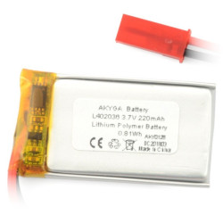 Akumulator Li-Pol Akyga 220mAh 1S 3,7V - złącze JST-BEC + gniazdo - 36x20x4mm