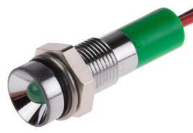 Lampka kontrolna do montażu panelowego 24V dc, zielona 6mm LED Chrom Wyprowadzenia RS PRO