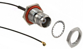 Coaxial cable, TNC jack (straight) to AMC plug (angled), 50 Ω, 1.13 mm micro cable, grommet black, 300 mm, 336209-12-0300