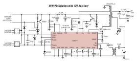IEEE 802.3at PD with Synchronous No-Opto Flyback Controller and 12V Aux Support
