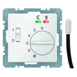 Berker Q1 Regulator temp. podłogi ze stykiem rozwiernym, elementem centralnym, łącznikiem i 2 diodami LED biały aksamit 20346089