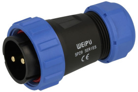 Wtyk; SP2910/P2II-1N; 2 tory; proste; lutowany; 10mm2; 13-16mm; SP29; na przewód; 30mm; skręcane; nylon66; niebiesko-czarny; IP6