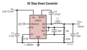 42V, 750mA Step-Down Regulator with 2.5μA Quiescent Current and Integrated Diodes