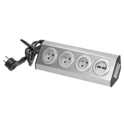 Gniazdo meblowe, kuchenne z ładowarką USB, montowane na rzepy z przewodem 1,5m - 3x2P+Z, 2xUSB, INOX z przewodem 1,5m.,FS-4