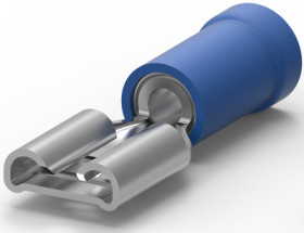 Insulated flat plug sleeve, 6.35 x 0.81 mm, 1.0 to 2.5 mm², AWG 17 to 13, brass, tin-plated, blue, 9-160313-2