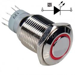 Przycisk stabilny 16mm płaski LED czerw.12V