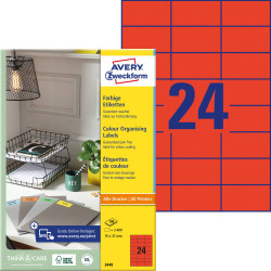 Avery-Zweckform 3448 Etykieta uniwersalna 70 x 37 mm Papier czerwony 2400 szt. Trwały Drukarka atramentowa, Drukarka Las