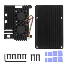 Obudowa pasywnego rozpraszania ciepła dla Raspberry Pi 5 5B. Powłoka z aluminium z podwójnym wentylatorem chłodzącym.