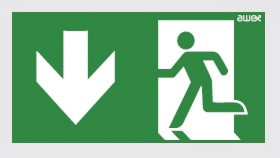 Piktogram 100x200 26 strzałka dół chłopek w drzwiach logo awex (ISO7010) PN26
