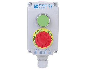 Kaseta sterownicza 2-otworowa zielony/przycisk bezpieczeństwa przez obrót 1Z 1R szara IP65 1x dławnica szara M20 ST22K2\04-1