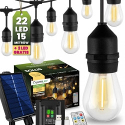 Girlanda Solarna Ogrodowa 22x LED Ozdobne Żarówki 15m + PILOT IP65 2700K Ciepła SOLLIS LUMILED