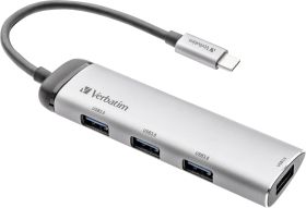 Hub USB 3.2 Gen 1 Verbatim 4 porty z wtyczką USB-C, podświetlenie LED szary