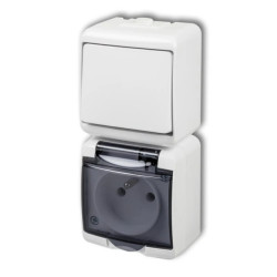 JUNIOR Łącznik jednobiegunowy + gniazdo hermetyczne (klapka dymna) biały WGHP-1dp
