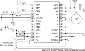 Automotive 12-V battery, sensorless sinusoidal control 3-phase BLDC motor driver
